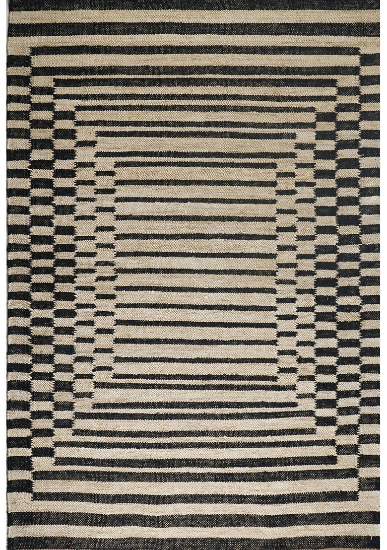 Saffron Rugs Flat Woven Black Striped Modern Rectangular Wool Area Rug - Indya