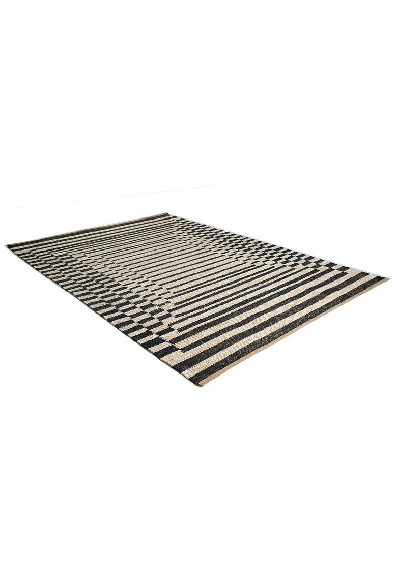 Saffron Rugs Flat Woven Black Striped Modern Rectangular Wool Area Rug - Indya