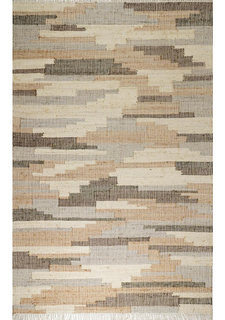 Saffron Rugs Flat Woven Grey Striped Contemporary Rectangular Wool Area Rug - Indya