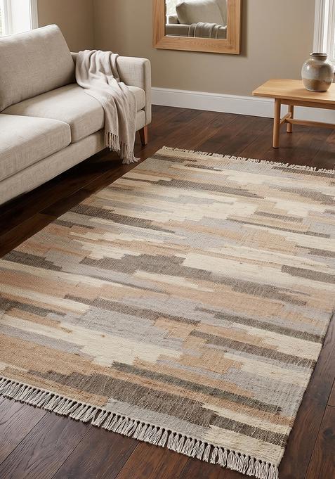 Saffron Rugs Flat Woven Grey Striped Contemporary Rectangular Wool Area Rug