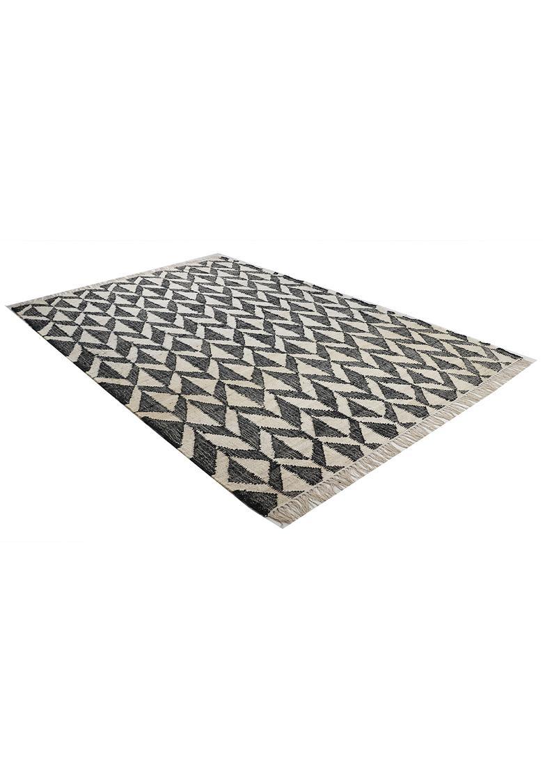 Saffron Rugs Flat Woven Black Geometric Modern Rectangular Wool Area Rug - Indya