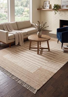 Saffron Rugs Flat Woven Tan Striped Minimalist Rectangular Wool Area Rug
