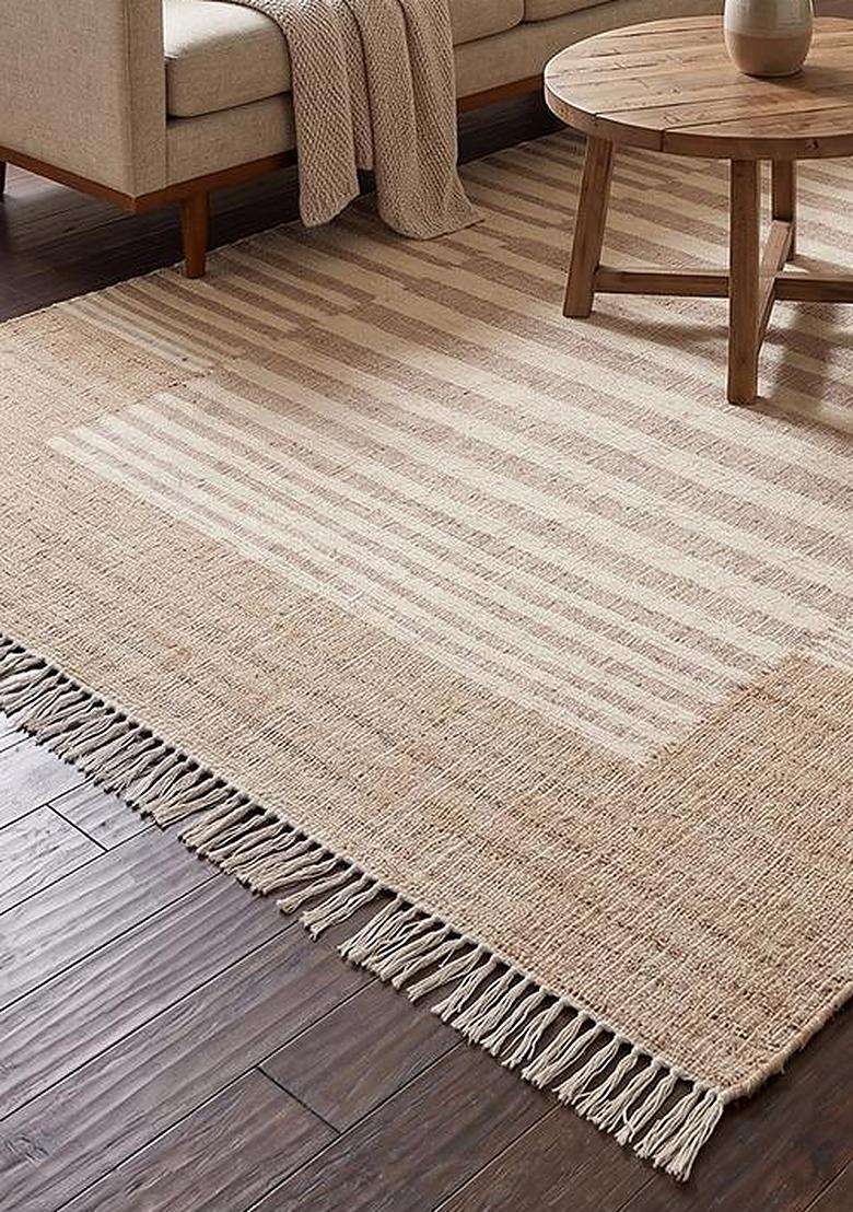 Saffron Rugs Tan Natural Minimalist Striped Flat Weave Jute and Wool Rectangular Rug - Indya