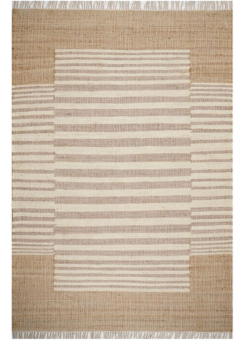 Saffron Rugs Flat Woven Tan Striped Minimalist Rectangular Wool Area Rug - Indya