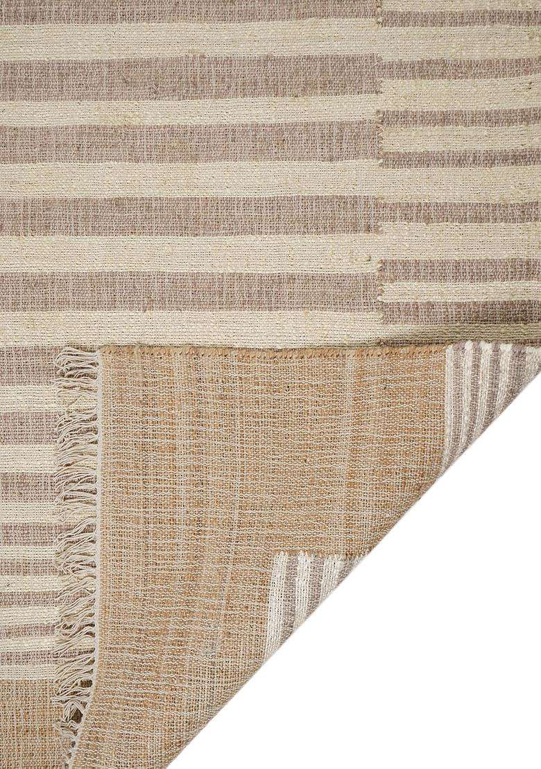 Saffron Rugs Tan Natural Minimalist Striped Flat Weave Jute and Wool Rectangular Rug - Indya