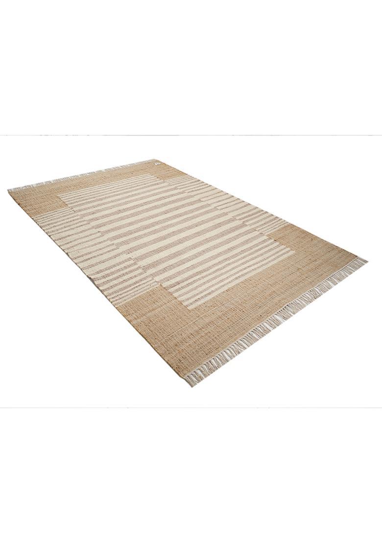 Saffron Rugs Flat Woven Tan Striped Minimalist Rectangular Wool Area Rug - Indya