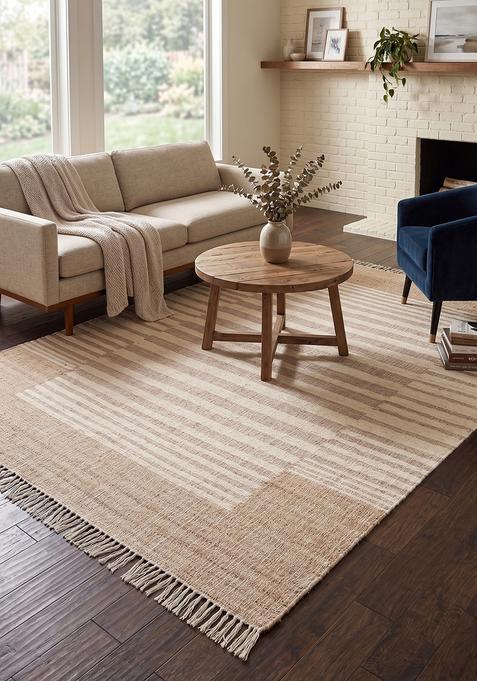 Saffron Rugs Flat Woven Tan Striped Minimalist Rectangular Wool Area Rug