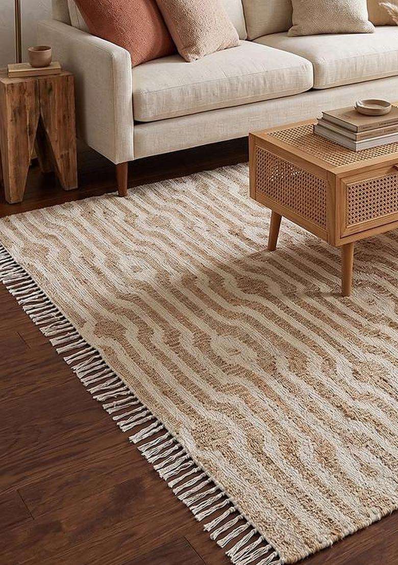 Jute Wool Handmade Tan Rug | Moroccan Moire Carpet For Living Room - Indya