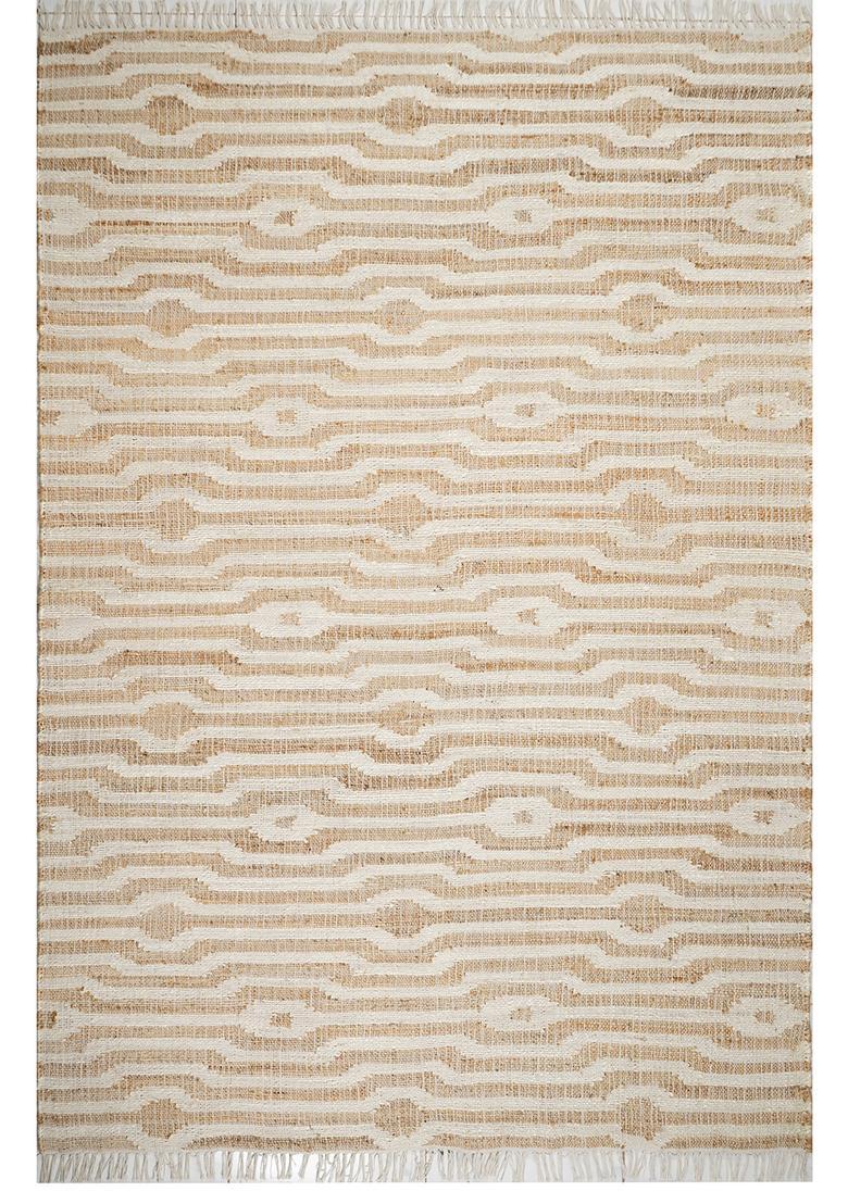 Saffron Rugs Flat Woven Tan Moire Moroccan Rectangular Wool Area Rug - Indya