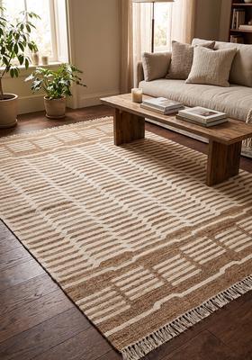 Saffron Rugs Flat Woven Tan Striped Modern Rectangular Wool Area Rug