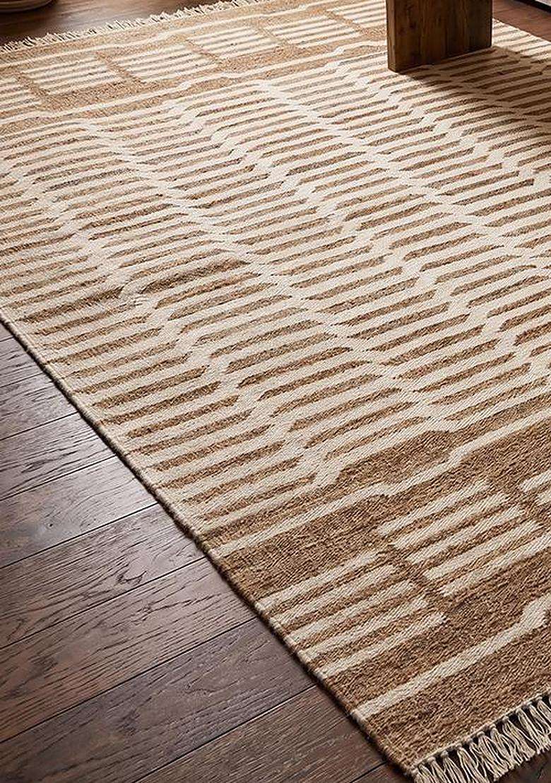 Jute Wool Handmade Tan Rug | Modern Striped Carpet For Living Room - Indya