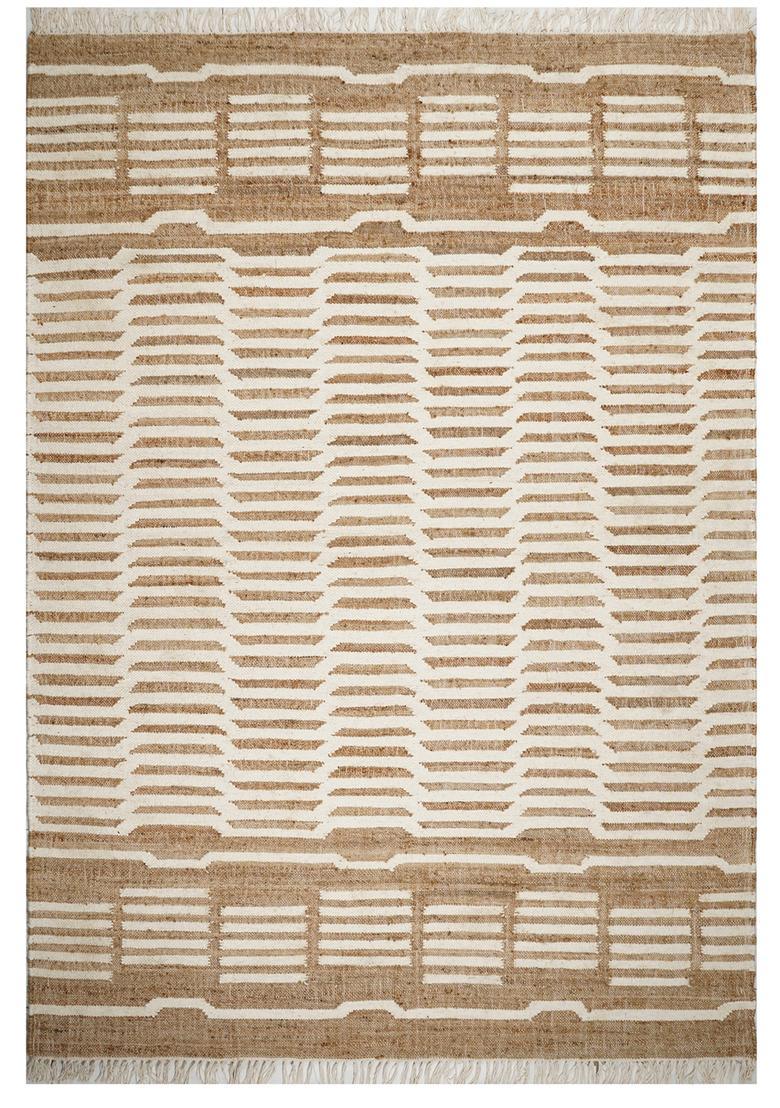 Saffron Rugs Flat Woven Tan Striped Modern Rectangular Wool Area Rug - Indya