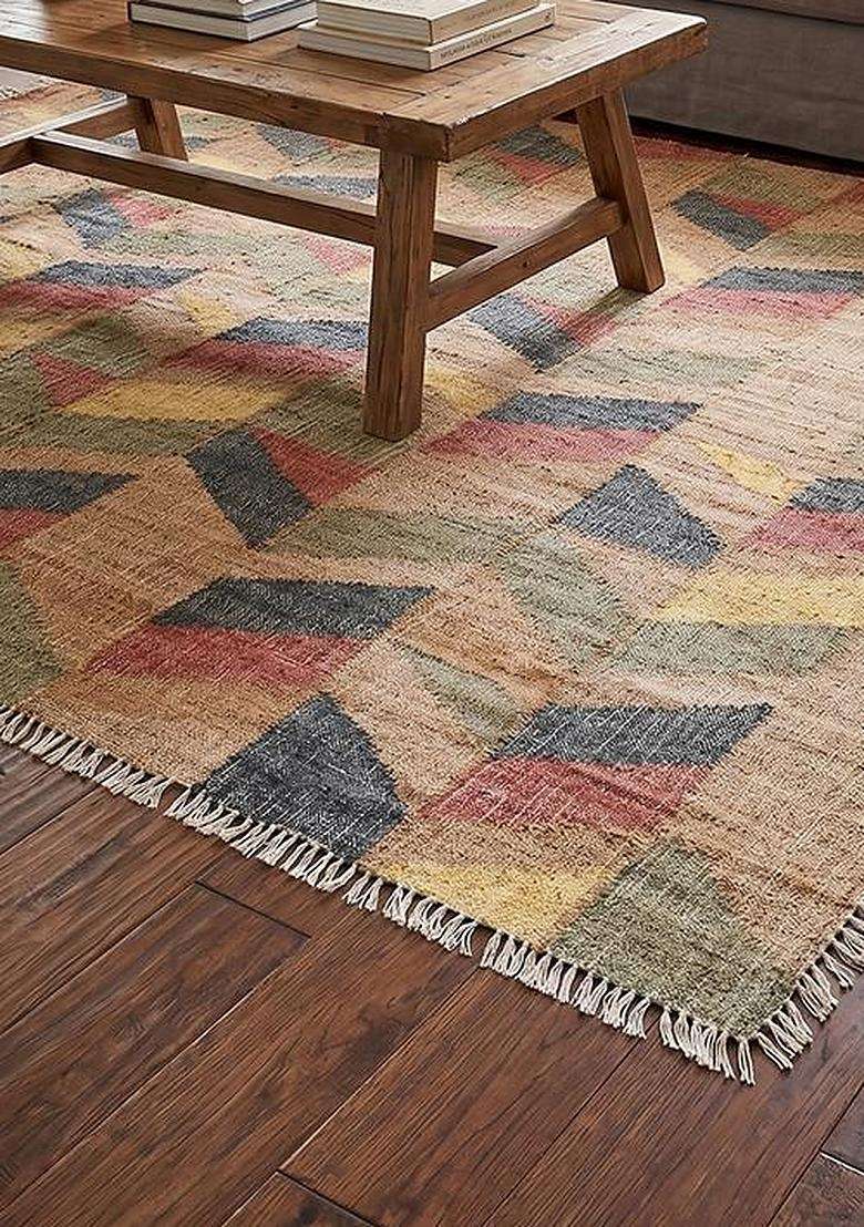 Saffron Rugs Flat Woven Natural Jute & Wool Area Rug | Tan Natural Rectangular Rug | Eclectic Chevron Home Decor Carpet for Living Room Bedroom - Indya