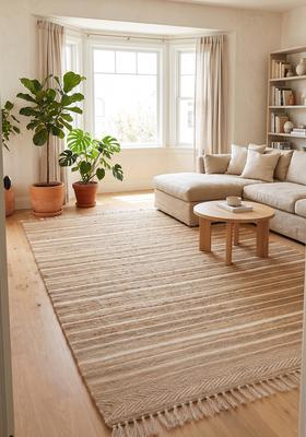 Saffron Rugs Flat Woven Tan Striped Farmhouse Rectangular Wool Area Rug