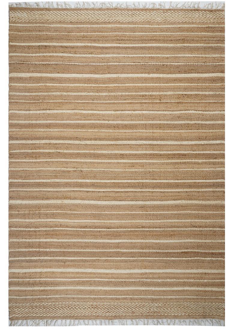 Saffron Rugs Flat Woven Tan Striped Farmhouse Rectangular Wool Area Rug - Indya