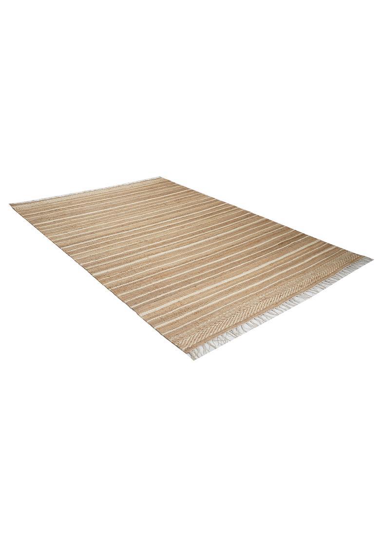 Saffron Rugs Flat Woven Tan Striped Farmhouse Rectangular Wool Area Rug - Indya