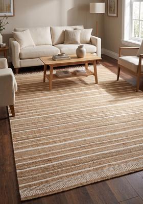 Saffron Rugs Flat Woven Tan Striped Farmhouse Rectangular Wool Area Rug