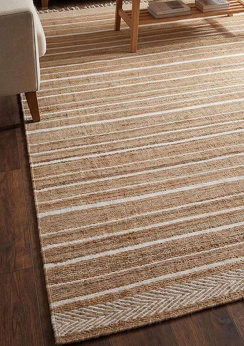 Jute Wool Handmade Tan Rug | Farmhouse Striped Carpet For Living Room - Indya