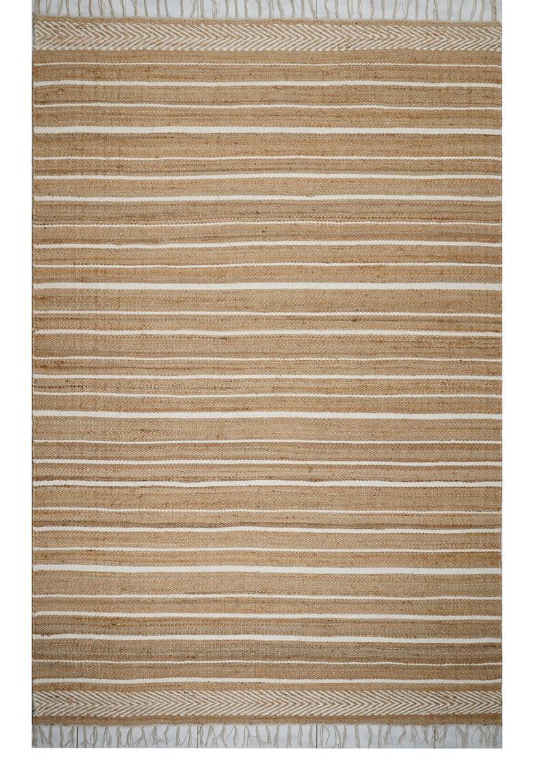 Saffron Rugs Flat Woven Tan Striped Farmhouse Rectangular Wool Area Rug - Indya