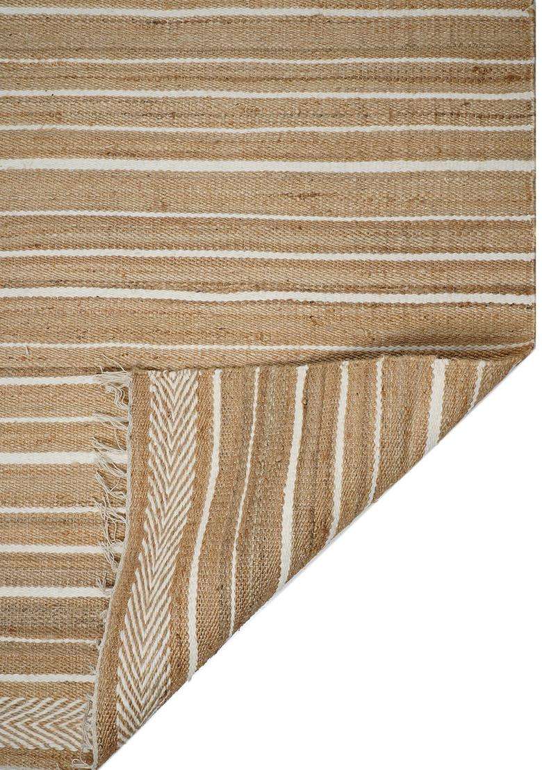 Jute Wool Handmade Tan Rug | Farmhouse Striped Carpet For Living Room - Indya