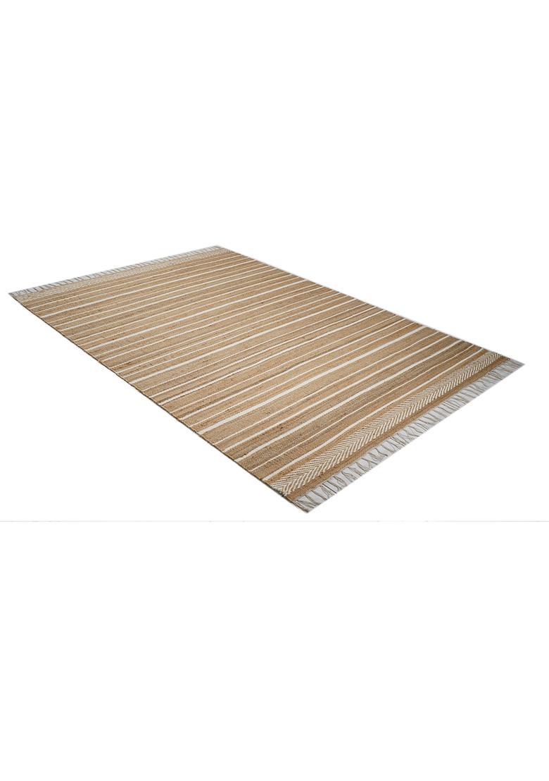 Saffron Rugs Flat Woven Tan Striped Farmhouse Rectangular Wool Area Rug - Indya