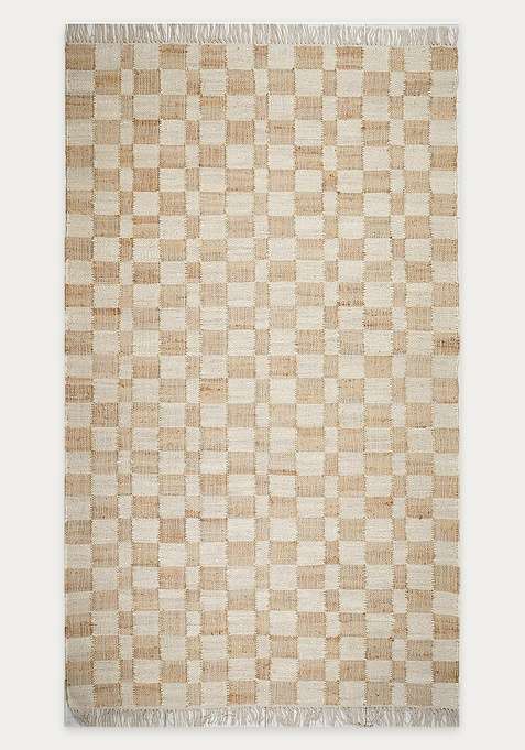 Jute Wool Handmade Ivory Rug | Contemporary Checkered Carpet For Living Room