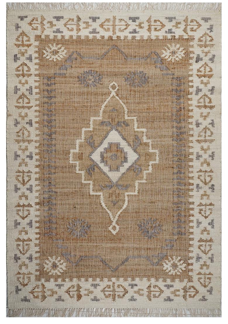Saffron Rugs Flat Woven Ivory Geometric Bohemian Rectangular Wool Area Rug - Indya