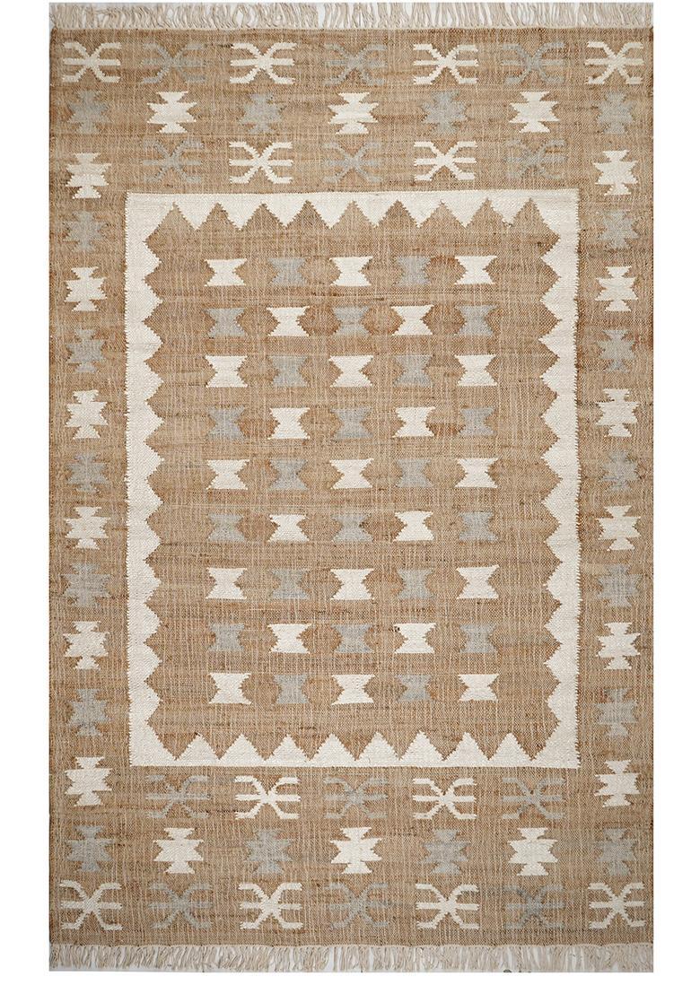 Saffron Rugs Flat Woven Tan Geometric Bohemian Rectangular Wool Area Rug - Indya