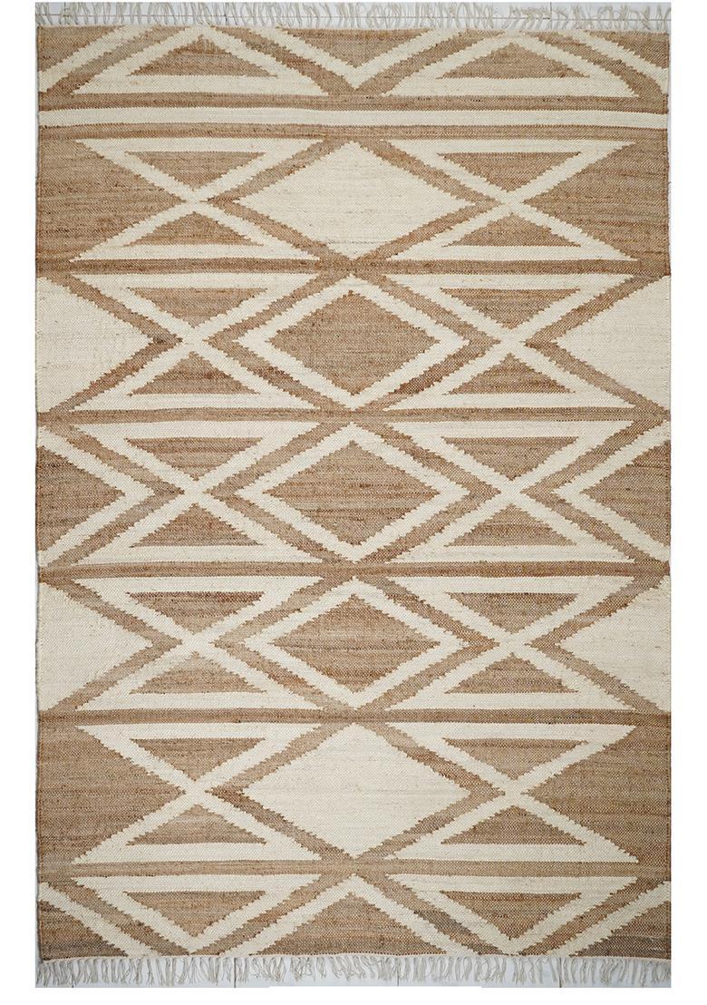 Saffron Rugs Flat Woven Tan Geometric Bohemian Rectangular Wool Area Rug - Indya