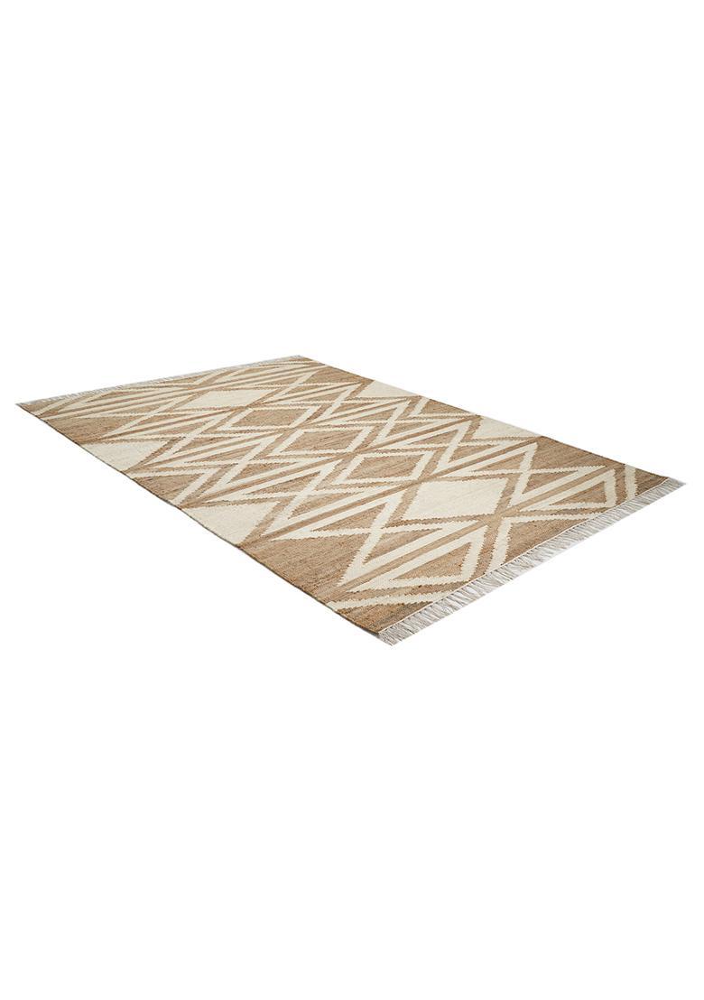 Saffron Rugs Flat Woven Tan Geometric Bohemian Rectangular Wool Area Rug - Indya