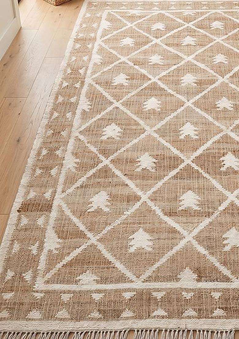 Saffron Rugs Flat Woven Natural Jute & Wool Area Rug | Tan Natural Rectangular Rug | Moroccan Trellis Home Decor Carpet for Living Room Bedroom - Indya
