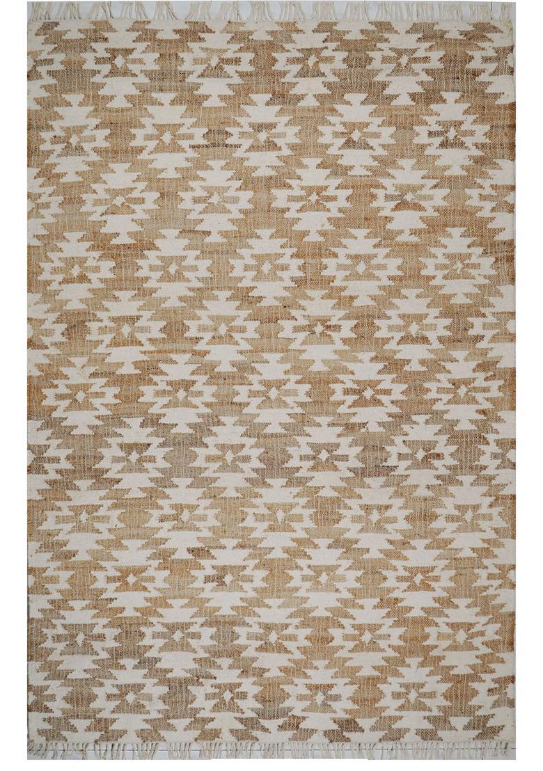 Saffron Rugs Flat Woven Ivory Geometric Bohemian Rectangular Wool Area Rug - Indya