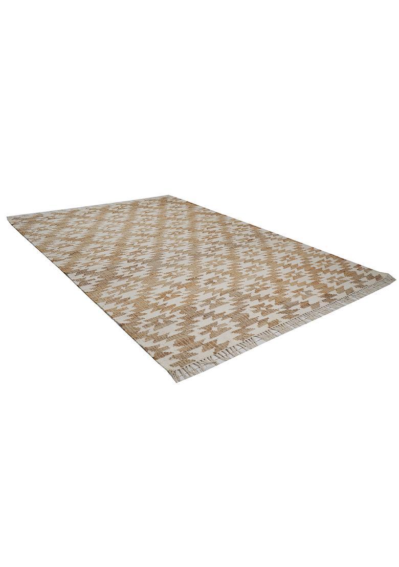Saffron Rugs Flat Woven Ivory Geometric Bohemian Rectangular Wool Area Rug - Indya