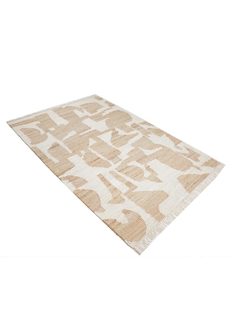 Saffron Rugs Flat Woven Ivory Geometric Mid-Century Modern Rectangular Wool Area Rug - Indya