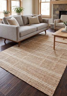 Saffron Rugs Flat Woven Natural Jute & Wool Area Rug | Tan Natural Rectangular Rug | Minimalist Plaid Home Decor Carpet for Living Room Bedroom