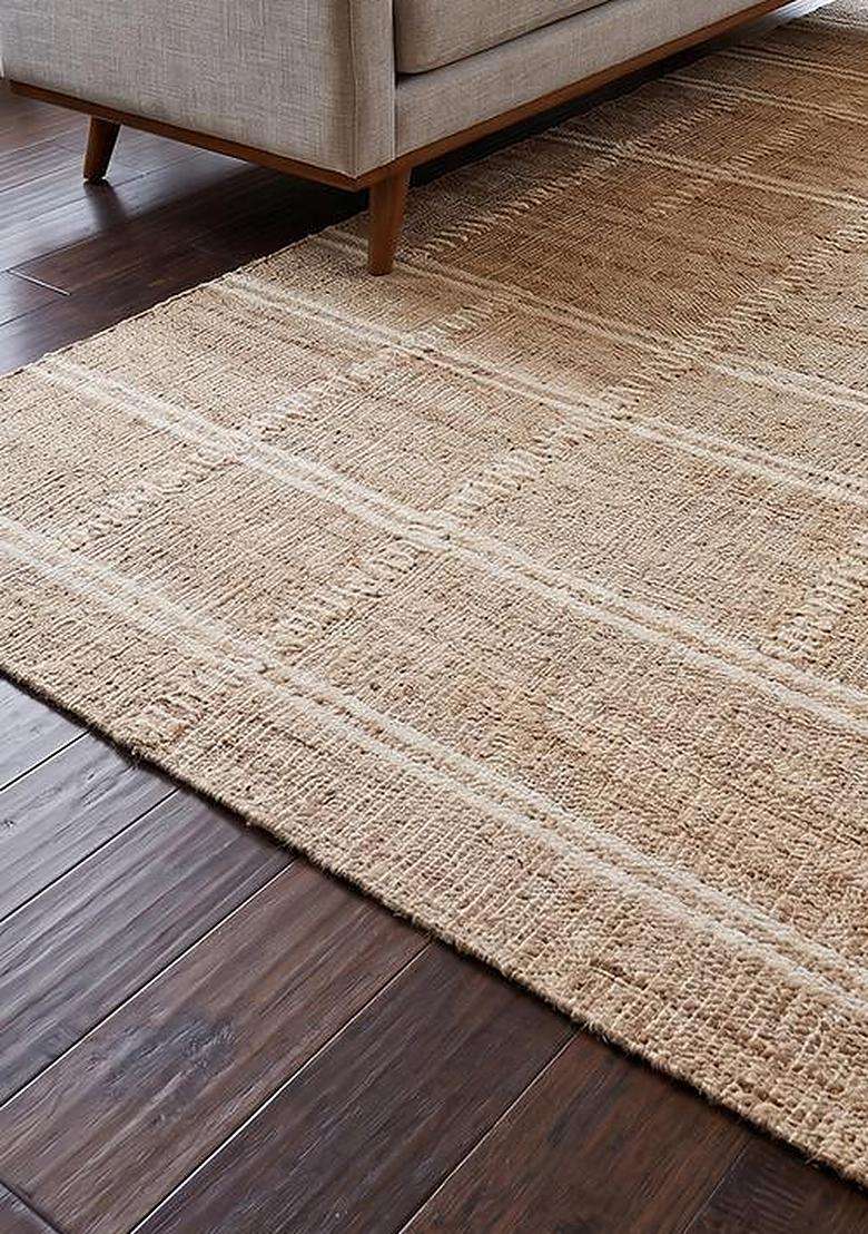 Jute Wool Handmade Tan Rug | Minimalist Plaid Carpet For Living Room - Indya