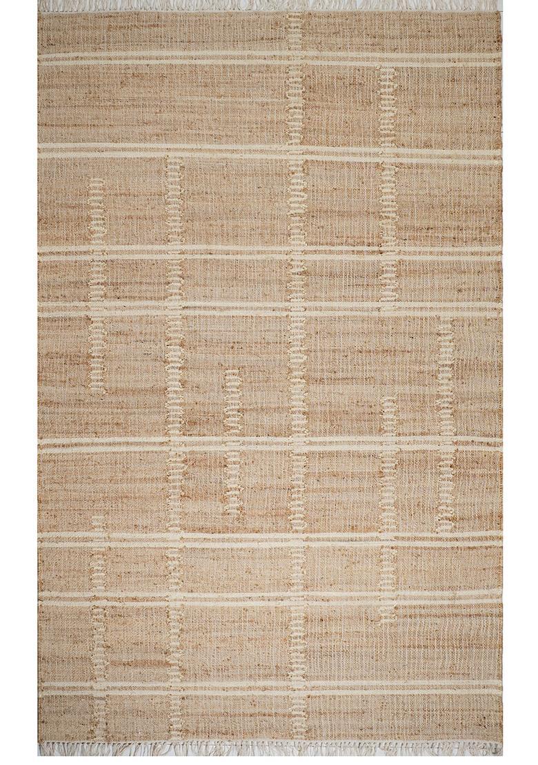 Saffron Rugs Flat Woven Tan Plaid Minimalist Rectangular Wool Area Rug - Indya