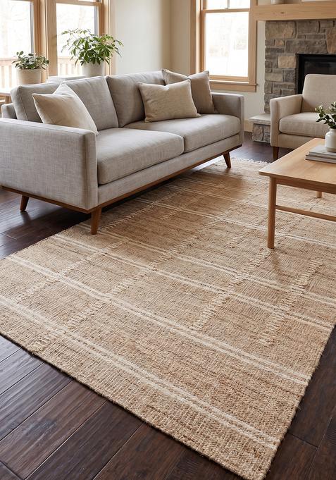 Saffron Rugs Flat Woven Tan Plaid Minimalist Rectangular Wool Area Rug