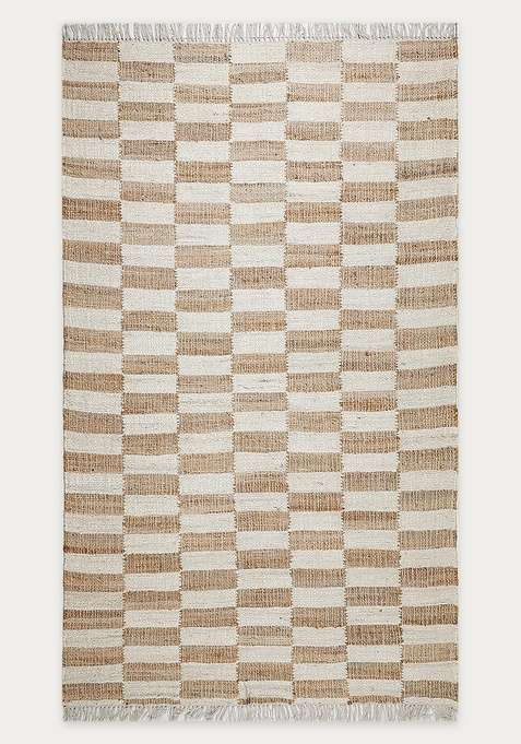Jute Wool Handmade Ivory Rug | Contemporary Checkered Carpet For Living Room