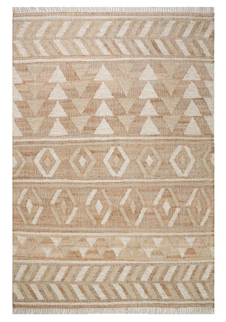 Saffron Rugs Flat Woven Tan Geometric Bohemian Rectangular Wool Area Rug - Indya