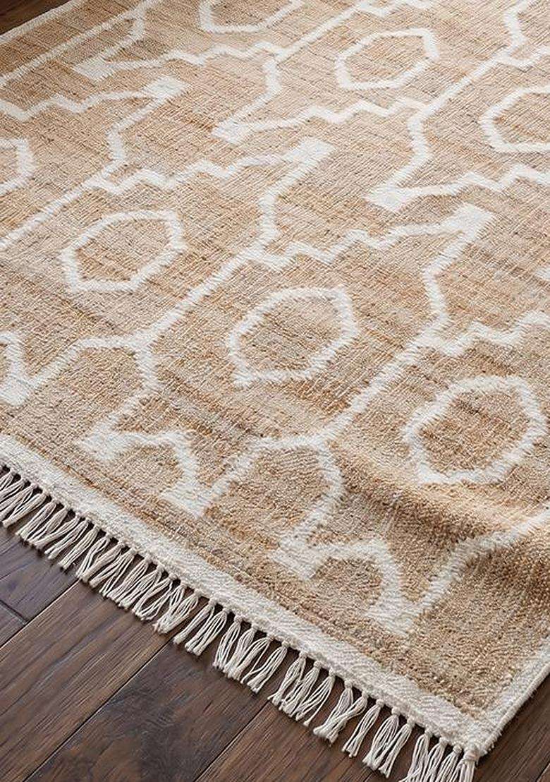 Jute Wool Handmade Tan Rug | Moroccan Trellis Carpet For Living Room - Indya
