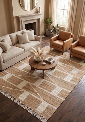 Saffron Rugs Flat Woven Tan Geometric Mid-Century Modern Rectangular Wool Area Rug