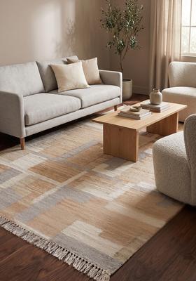 Saffron Rugs Flat Woven Tan Geometric Mid-Century Modern Rectangular Wool Area Rug