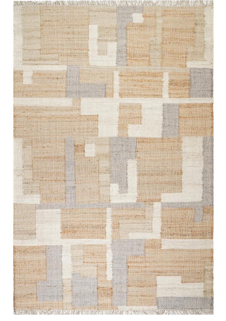 Saffron Rugs Flat Woven Tan Geometric Mid-Century Modern Rectangular Wool Area Rug - Indya