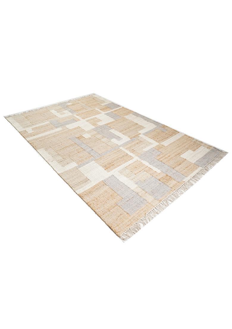 Saffron Rugs Flat Woven Tan Geometric Mid-Century Modern Rectangular Wool Area Rug - Indya