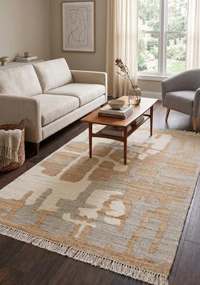 Saffron Rugs Flat Woven Ivory Geometric Mid-Century Modern Rectangular Wool Area Rug