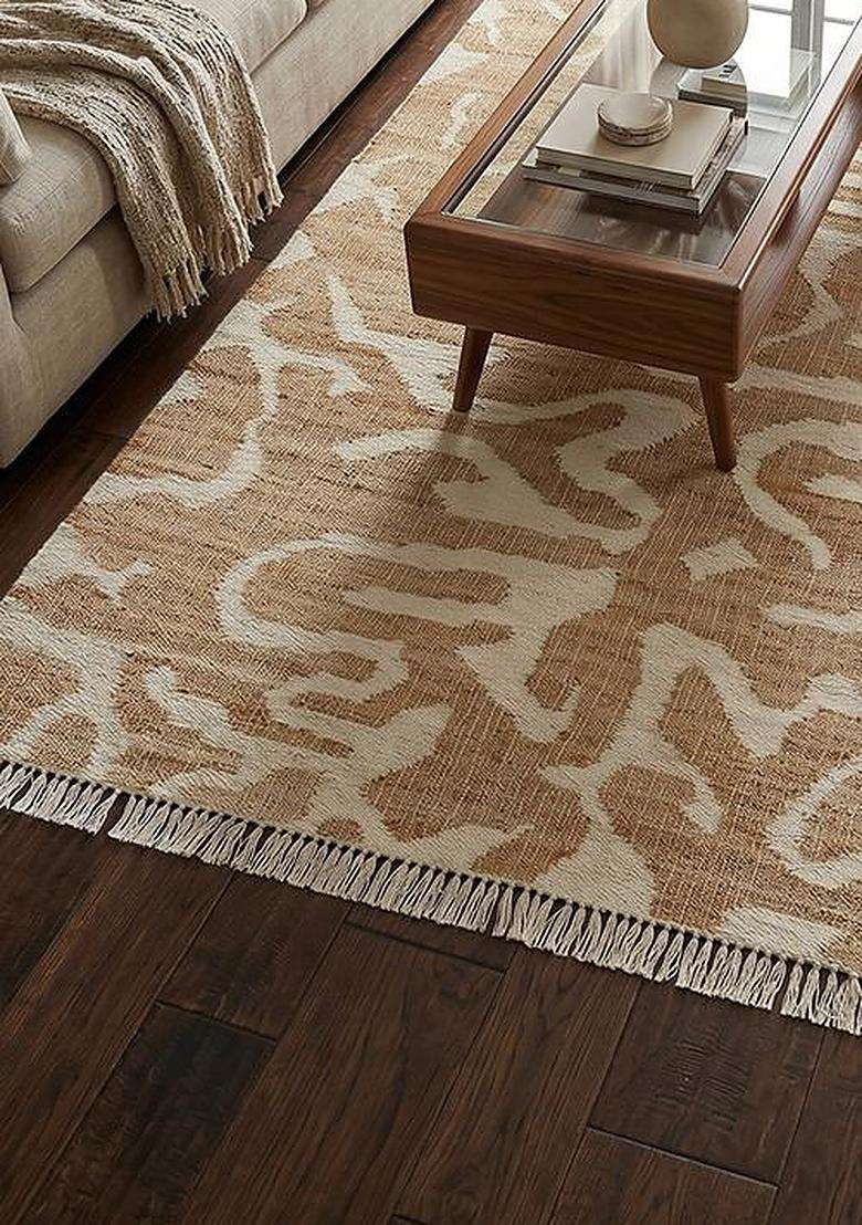 Jute Wool Handmade Tan Rug | Contemporary Swirls Carpet For Living Room - Indya