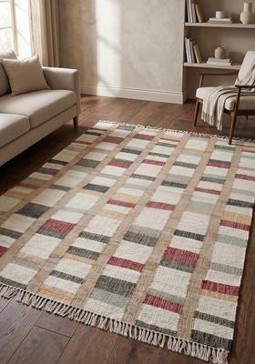 Saffron Rugs Flat Woven Ivory Plaid Eclectic Rectangular Wool Area Rug