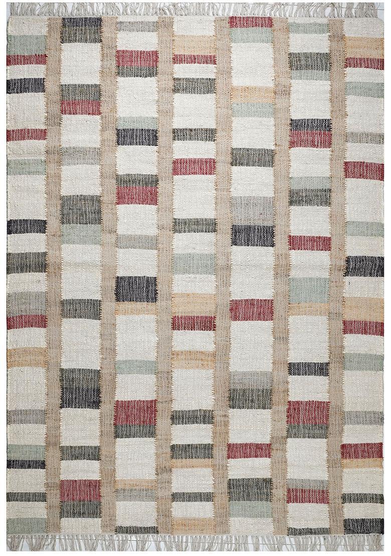 Saffron Rugs Flat Woven Ivory Plaid Eclectic Rectangular Wool Area Rug - Indya