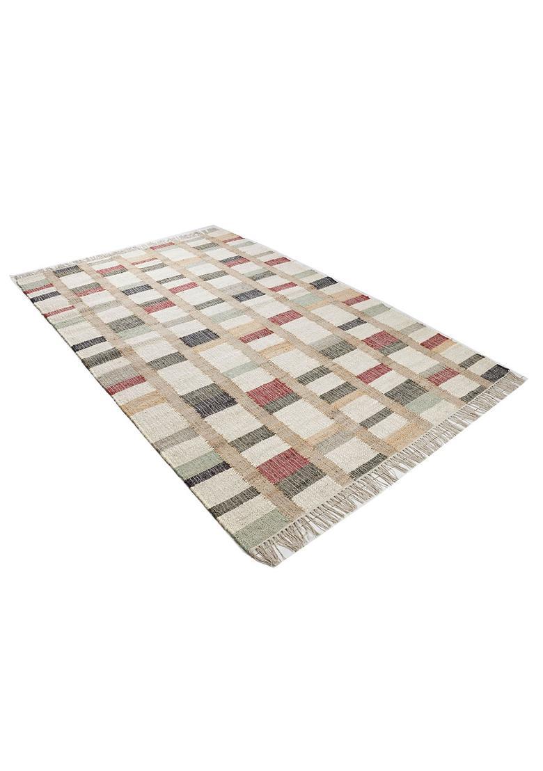 Saffron Rugs Flat Woven Ivory Plaid Eclectic Rectangular Wool Area Rug - Indya
